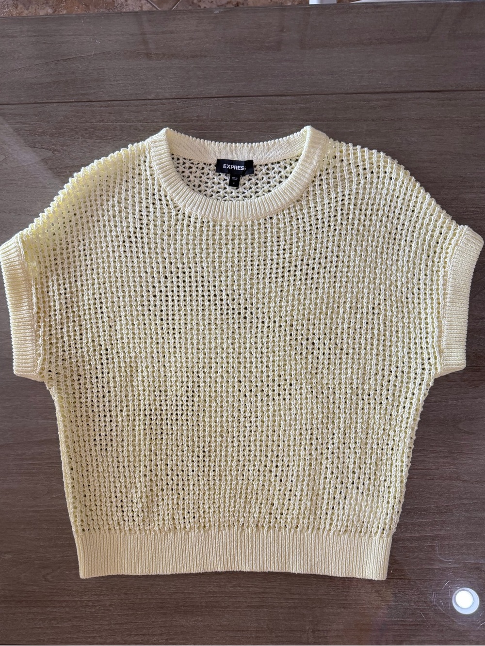 Express Pale Yellow Open-Knit Short Sleeve Sweater Top